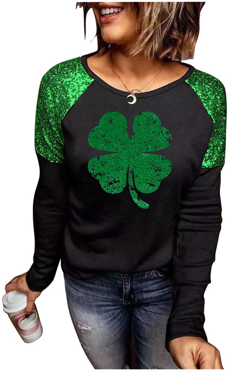 CHUNTIANRAN St. Patrick's Day Lucky Shamrock Sequined Splicing Blouse T Shirts for Women St Pattys Day Vacation Long Sleeve Tee Tops(Large,Shamrock-Black2) - Image 1