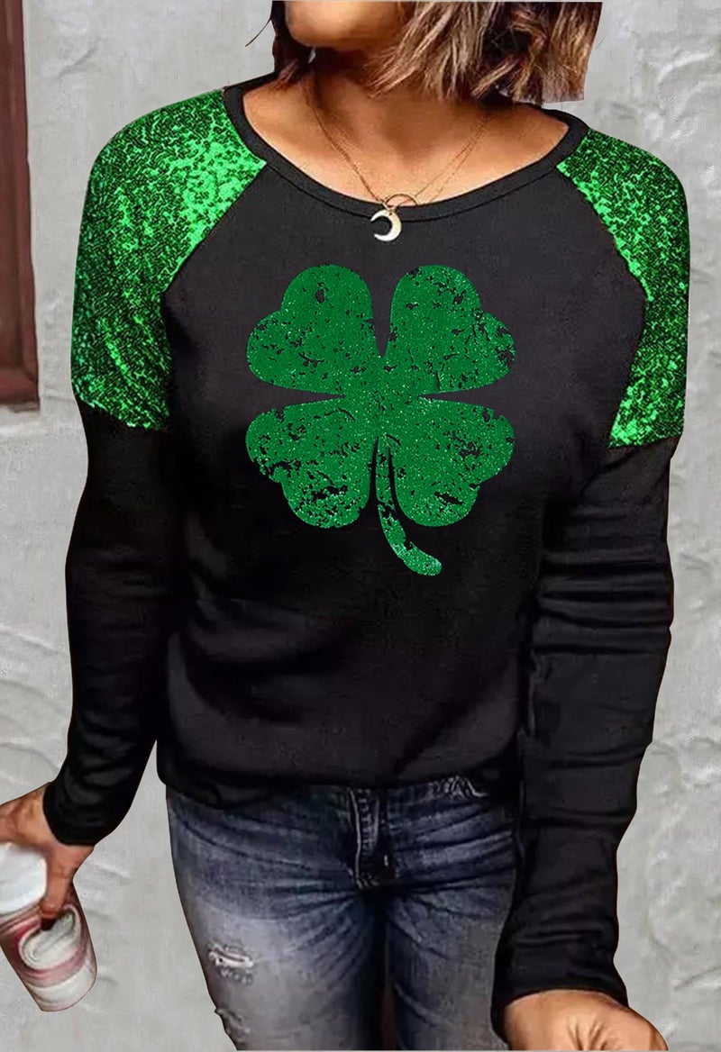 CHUNTIANRAN St. Patrick's Day Lucky Shamrock Sequined Splicing Blouse T Shirts for Women St Pattys Day Vacation Long Sleeve Tee Tops(Large,Shamrock-Black2) - Image 2
