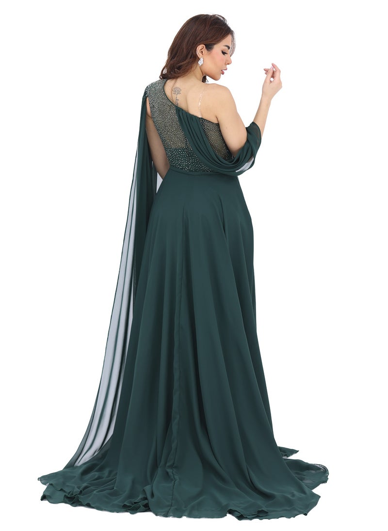 Dentek - Classic chiffon evening dress with luxurious hand embroidery with one long sleeve and the other sleeve wrapped around the other hand, in a modern and elegant design with a slit at the bottom of the dr - Image 1