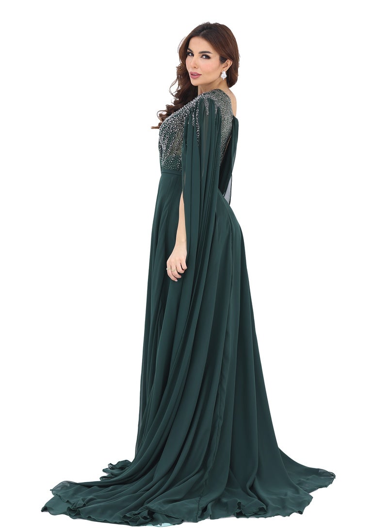 Dentek - Classic chiffon evening dress with luxurious hand embroidery with one long sleeve and the other sleeve wrapped around the other hand, in a modern and elegant design with a slit at the bottom of the dr - Image 1