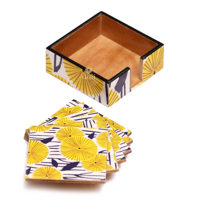 DULI Set of 6 MDF Wood Tea Coasters with Stand (10 * 10 cm) (Yellow-Sunshine) - Image 5