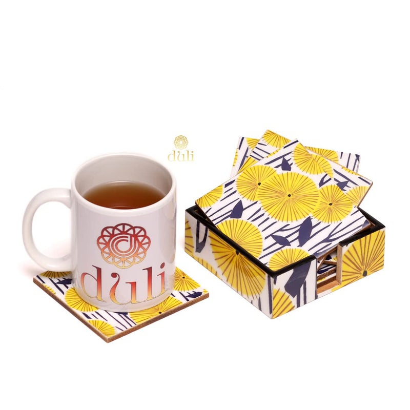 DULI Set of 6 MDF Wood Tea Coasters with Stand (10 * 10 cm) (Yellow-Sunshine) - Image 3