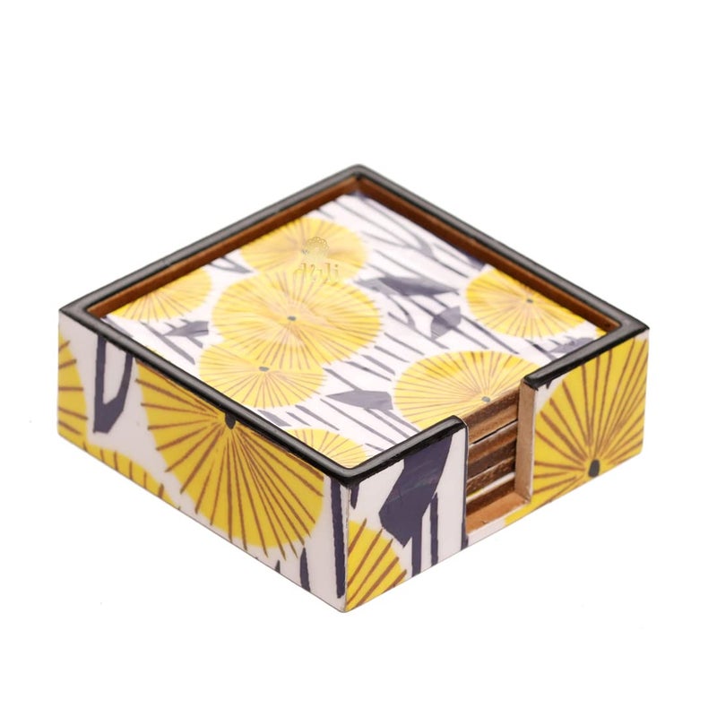 DULI Set of 6 MDF Wood Tea Coasters with Stand (10 * 10 cm) (Yellow-Sunshine) - Image 2