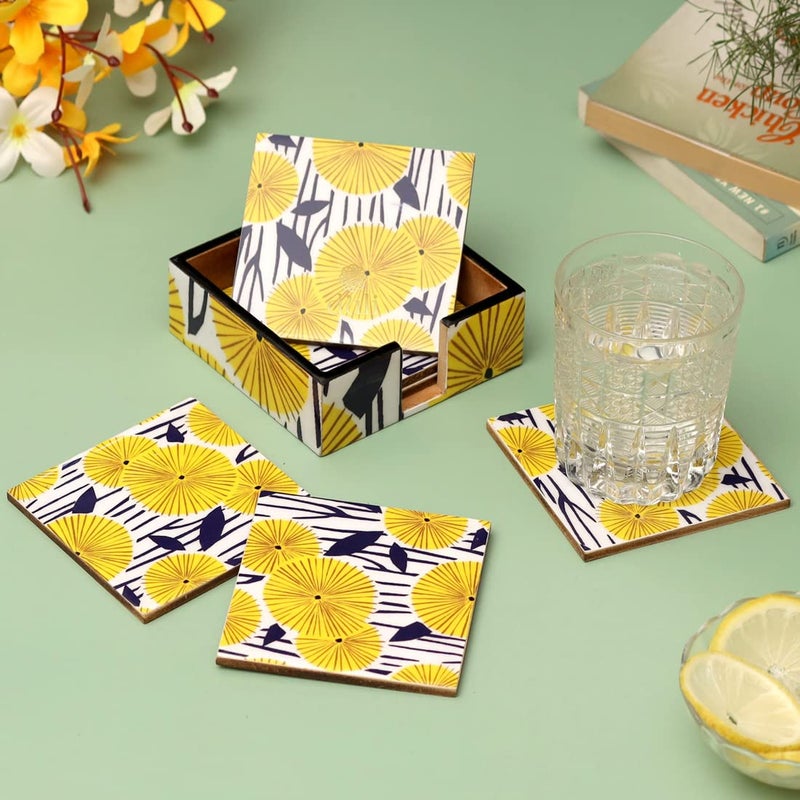 DULI Set of 6 MDF Wood Tea Coasters with Stand (10 * 10 cm) (Yellow-Sunshine) - Image 1