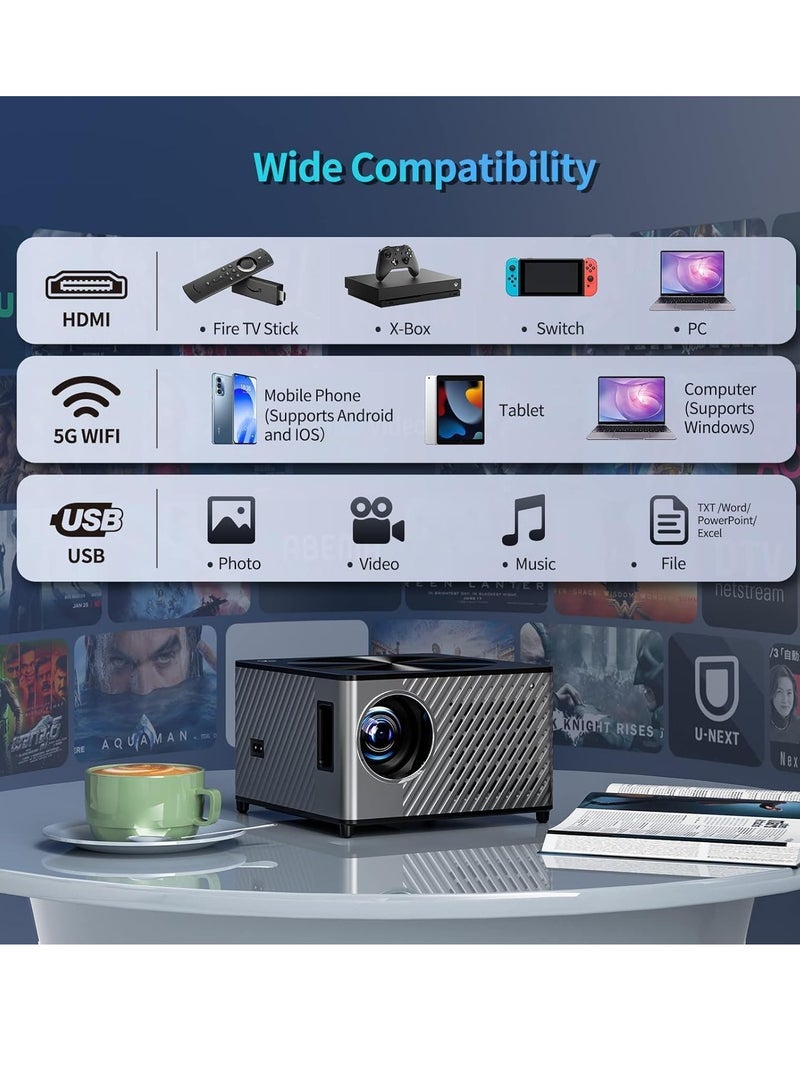 جهاز بروجكتورعرض كهربائي(M800)4K/4P] 5G واي فاي وبلوتوث 800ANSI/26000L،  1080P يدعم ±50 درجة، مراة الجوال/مكبرات صوت هاي فاي مزدوجة/جهاز تحكم عن بعد بلوتوث/تقريب 50%/500 انش للجوال تي في
