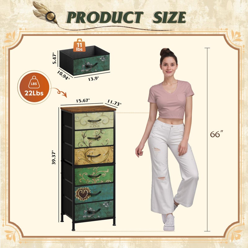 WLIVE Tall Dresser for Bedroom, 6 Drawer Dressers & Chests of Drawers, Fabric Dresser for Closet, Living Room, Night Stand with Metal Frame, Storage Tower with Fabric Bins, Wood Top, Floral Painted - Image 5