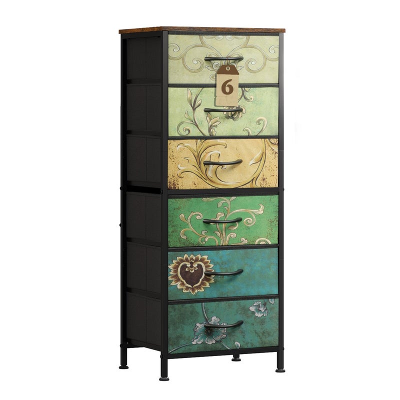WLIVE Tall Dresser for Bedroom, 6 Drawer Dressers & Chests of Drawers, Fabric Dresser for Closet, Living Room, Night Stand with Metal Frame, Storage Tower with Fabric Bins, Wood Top, Floral Painted - Image 1