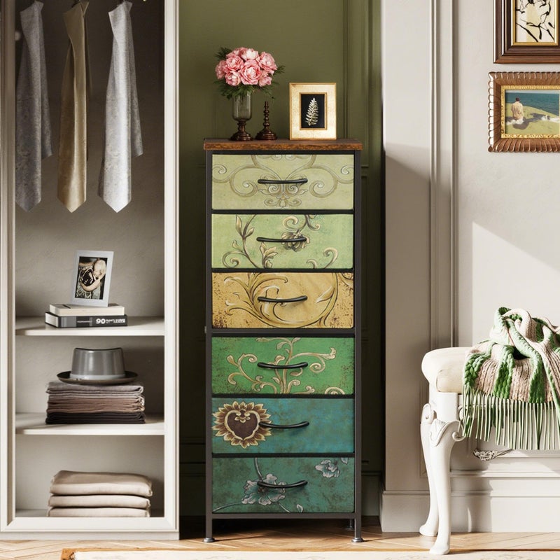 WLIVE Tall Dresser for Bedroom, 6 Drawer Dressers & Chests of Drawers, Fabric Dresser for Closet, Living Room, Night Stand with Metal Frame, Storage Tower with Fabric Bins, Wood Top, Floral Painted - Image 2