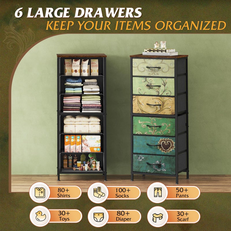 WLIVE Tall Dresser for Bedroom, 6 Drawer Dressers & Chests of Drawers, Fabric Dresser for Closet, Living Room, Night Stand with Metal Frame, Storage Tower with Fabric Bins, Wood Top, Floral Painted - Image 4