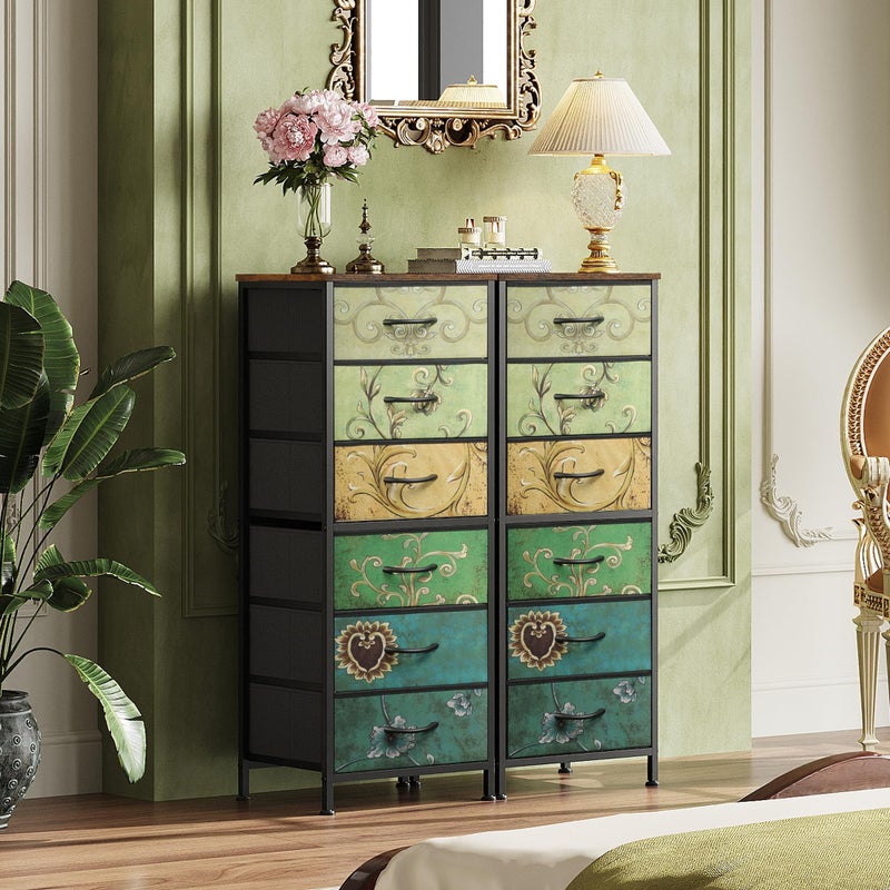 WLIVE Tall Dresser for Bedroom, 6 Drawer Dressers & Chests of Drawers, Fabric Dresser for Closet, Living Room, Night Stand with Metal Frame, Storage Tower with Fabric Bins, Wood Top, Floral Painted - Image 3