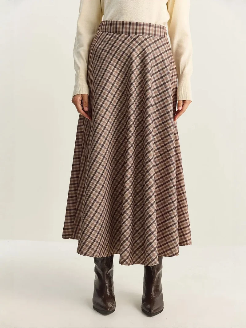 Bianco Lucci Coffee Brown LUCCI Plaid Patterned High Waist Maxi Skirt for Women | Best Price UAE
