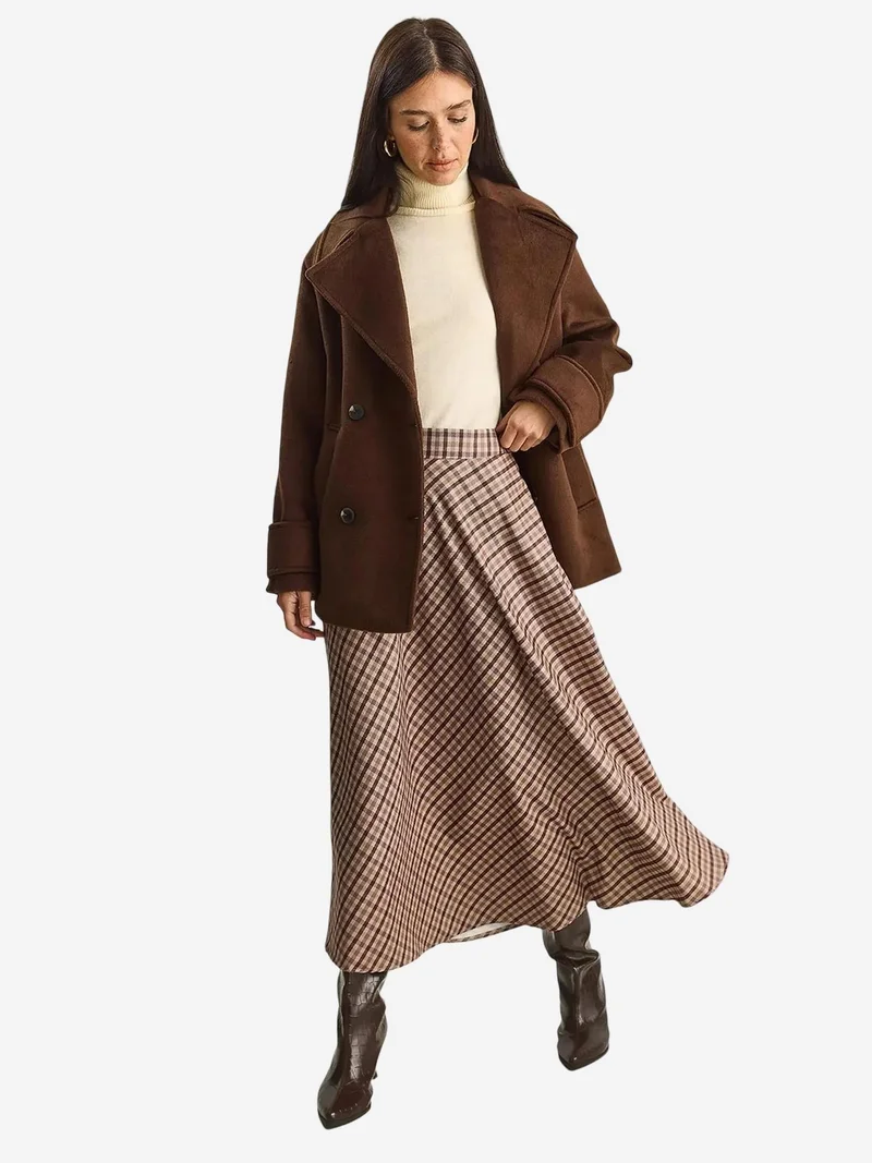 Bianco Lucci Coffee Brown LUCCI Plaid Patterned High Waist Maxi Skirt for Women | Best Price UAE