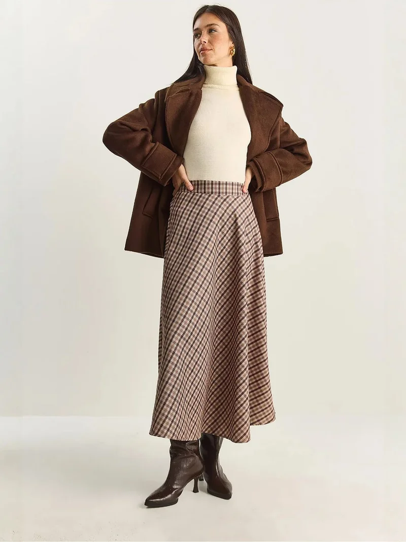 Bianco Lucci Coffee Brown LUCCI Plaid Patterned High Waist Maxi Skirt for Women | Best Price UAE