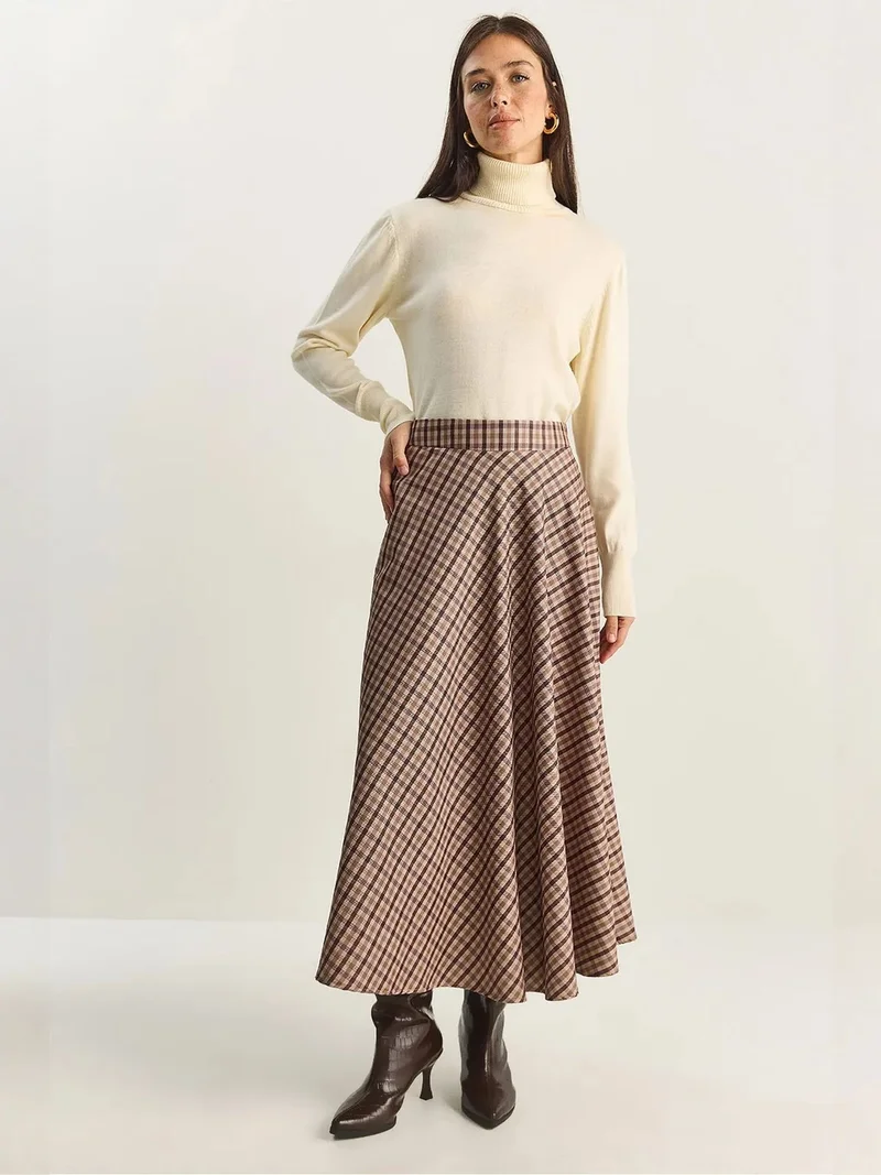 Bianco Lucci Coffee Brown LUCCI Plaid Patterned High Waist Maxi Skirt for Women | Best Price UAE