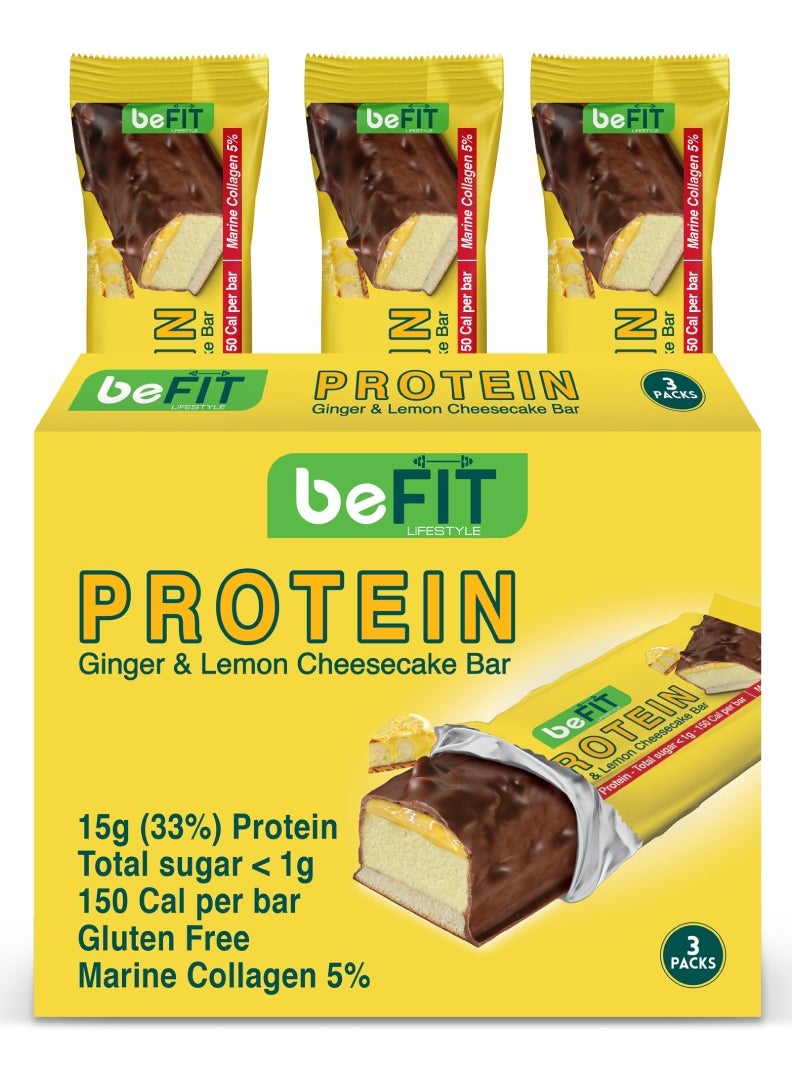 beFIT Protein Cake Bar Ginger & Lemon Cheesecake with 15g(33%) Protein and 5% Marine Collagen Box of 3 Bars 