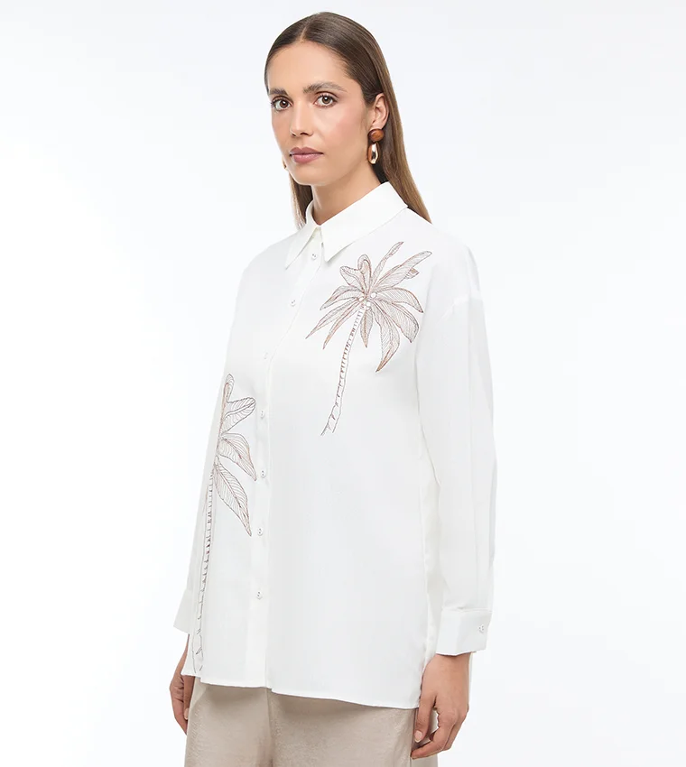 بي سي بي جي BCBG PALM EMBROIDERY LINEN SHIRT