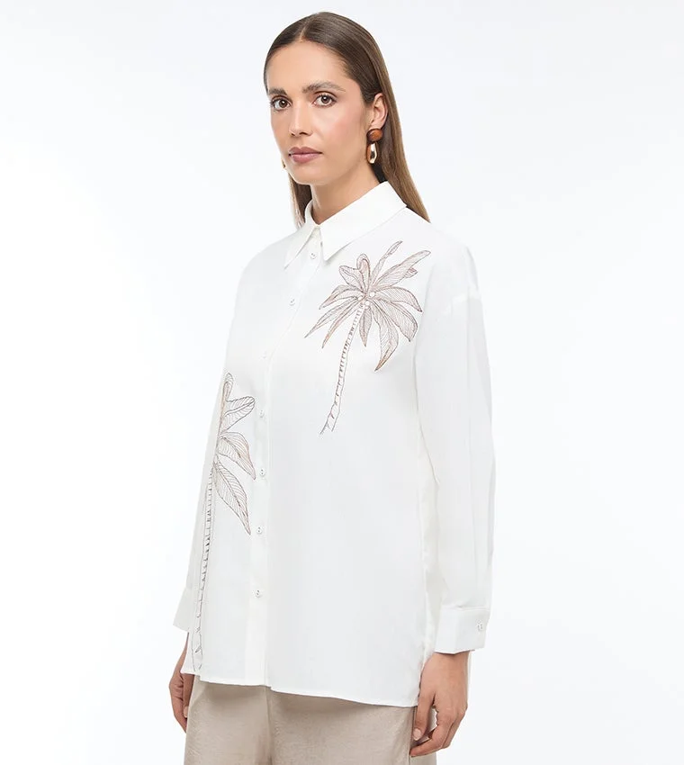 BCBG BCBG PALM EMBROIDERY LINEN SHIRT