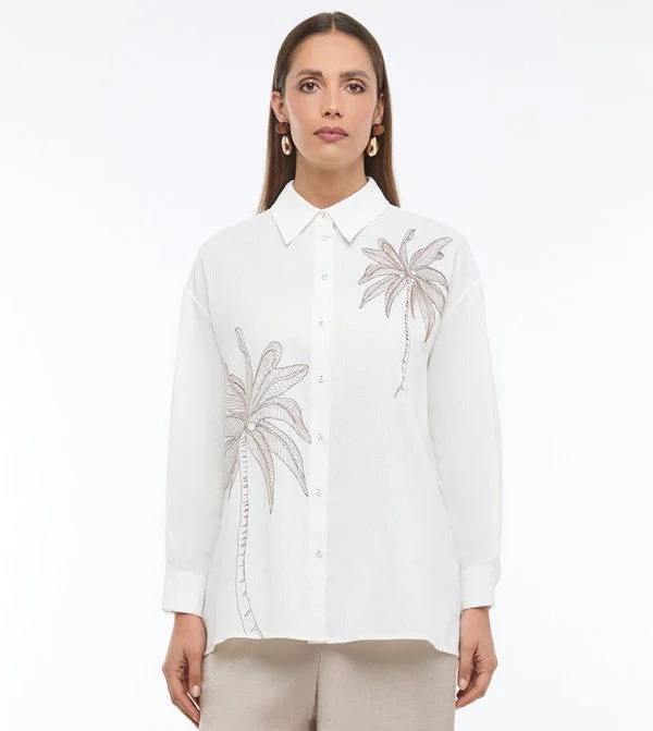 بي سي بي جي BCBG PALM EMBROIDERY LINEN SHIRT