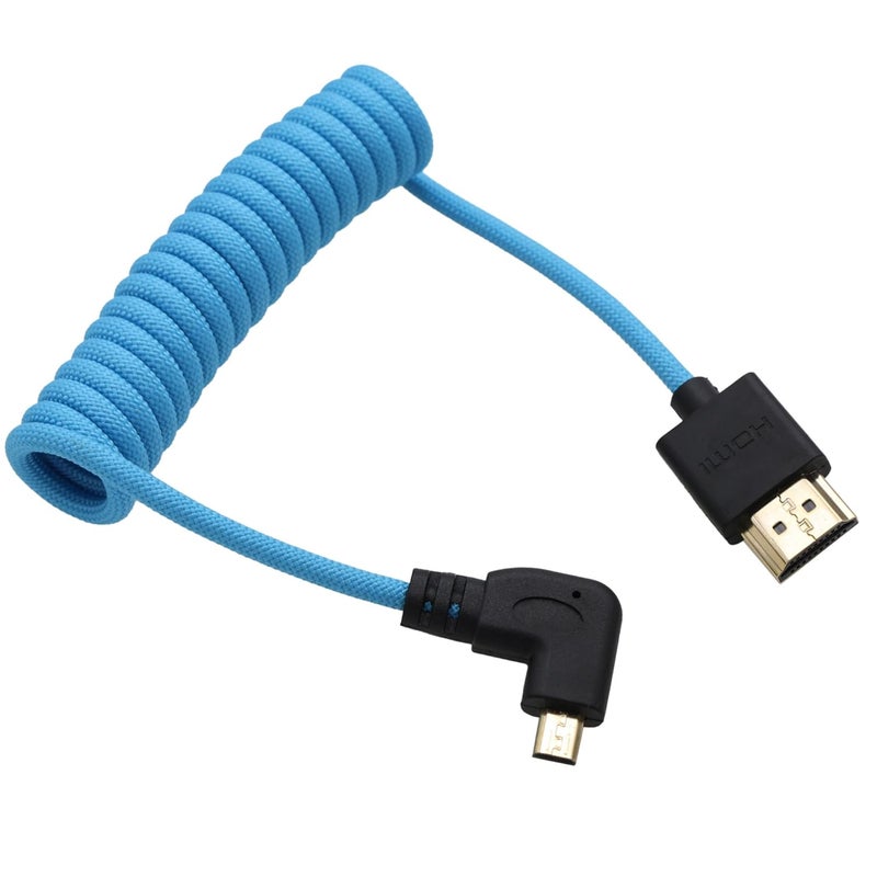 كابل من Micro HDMI إلى HDMI ProRes RAW 4K 8K 60 إطارًا في الثانية بربطانة زرقاء ملفوف لـ Sony ZVE-10 A7C Canon R5 R6 MKII Lumix Camera SmallHD ATOMOS Ninja V Monitor، بزاوية 90 درجة النوع D - Image 2