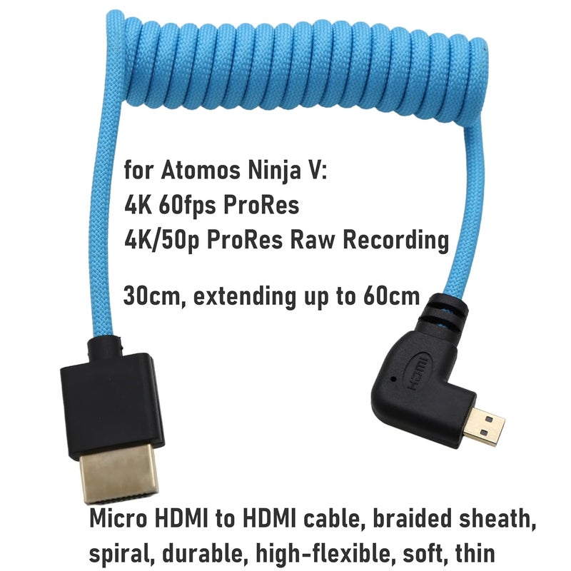 كابل من Micro HDMI إلى HDMI ProRes RAW 4K 8K 60 إطارًا في الثانية بربطانة زرقاء ملفوف لـ Sony ZVE-10 A7C Canon R5 R6 MKII Lumix Camera SmallHD ATOMOS Ninja V Monitor، بزاوية 90 درجة النوع D - Image 3