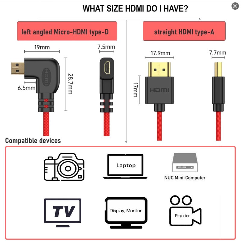 كابل من Micro HDMI إلى HDMI ProRes RAW 4K 8K 60 إطارًا في الثانية بربطانة زرقاء ملفوف لـ Sony ZVE-10 A7C Canon R5 R6 MKII Lumix Camera SmallHD ATOMOS Ninja V Monitor، بزاوية 90 درجة النوع D - Image 5