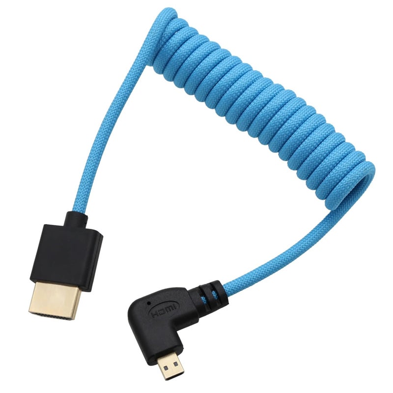 كابل من Micro HDMI إلى HDMI ProRes RAW 4K 8K 60 إطارًا في الثانية بربطانة زرقاء ملفوف لـ Sony ZVE-10 A7C Canon R5 R6 MKII Lumix Camera SmallHD ATOMOS Ninja V Monitor، بزاوية 90 درجة النوع D - Image 1