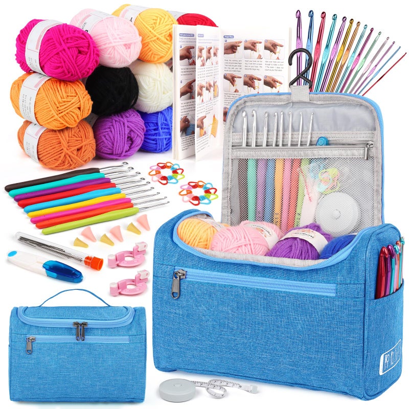 Aeelike Crochet Kit for Beginners Young and Old, First Crochet Kit for Adults Include 23pcs Crocheting Hooks, 655 Yards Yarn Set, Instruction, Bag, Crocheting Accessories and Supplies, Blue - Image 1