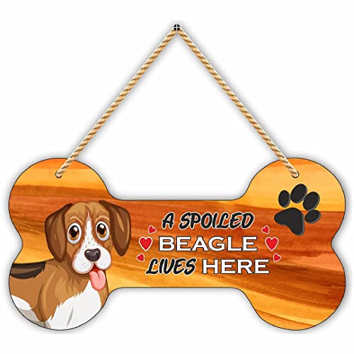 CVANU MDF Wooden Cute Dog Sign Plaque Bone Design A Spoiled Beagle Lives Here Animal Love Board, Name Plate for Dog House Brown & White, Size(10x5) inch - Image 1