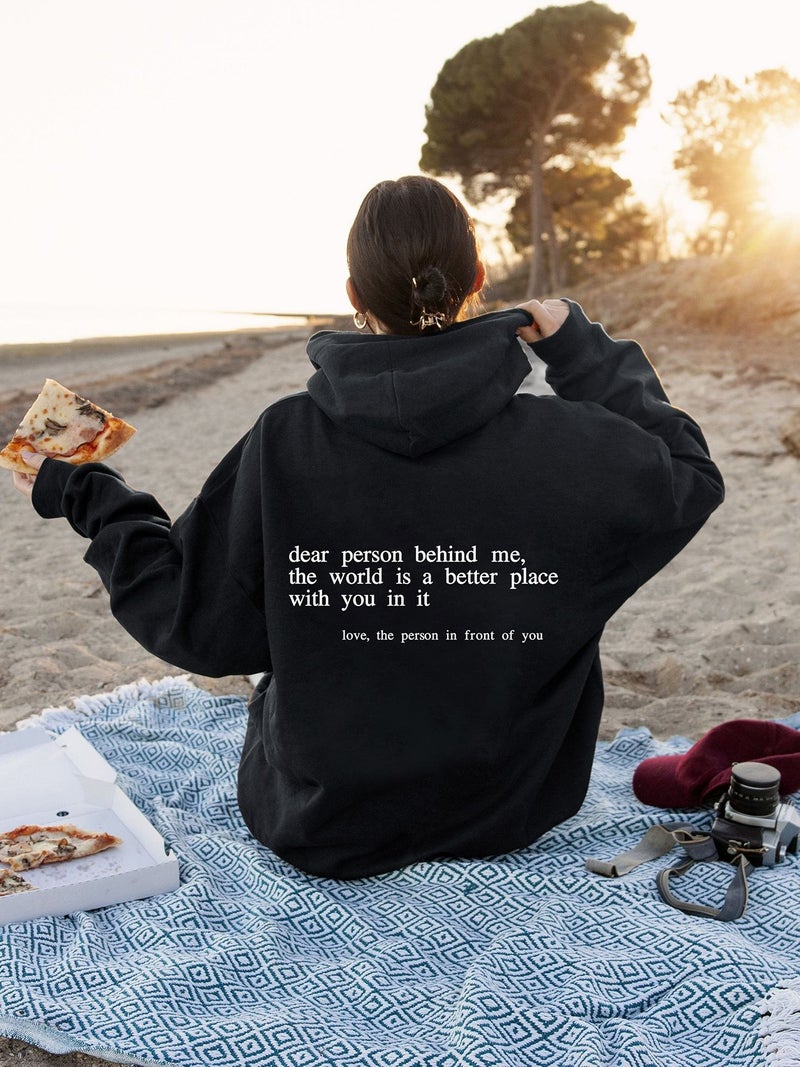 Foreign Trade Womens Velvet Sweatshirt Plain Slogan Printed Kangaroo Flap Pocket Pants Drawstring Printed Hoodie Black