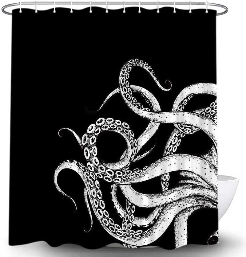 Octopus Decor Shower Curtain for Bathroom Funny Black and White Sea Monster Kraken Animal Goth Fabric Shower Curtains Set Unique Novelty Nautical Gothic Restroom Accessories with Hooks 72X72