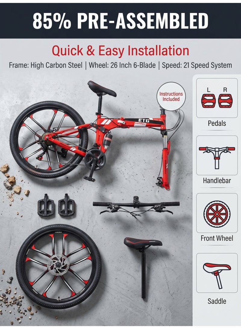 ETG 26-Inch 21-Speed Foldable Mountain Bike – High Carbon Steel Frame, 10-Blade Wheel - Image 5