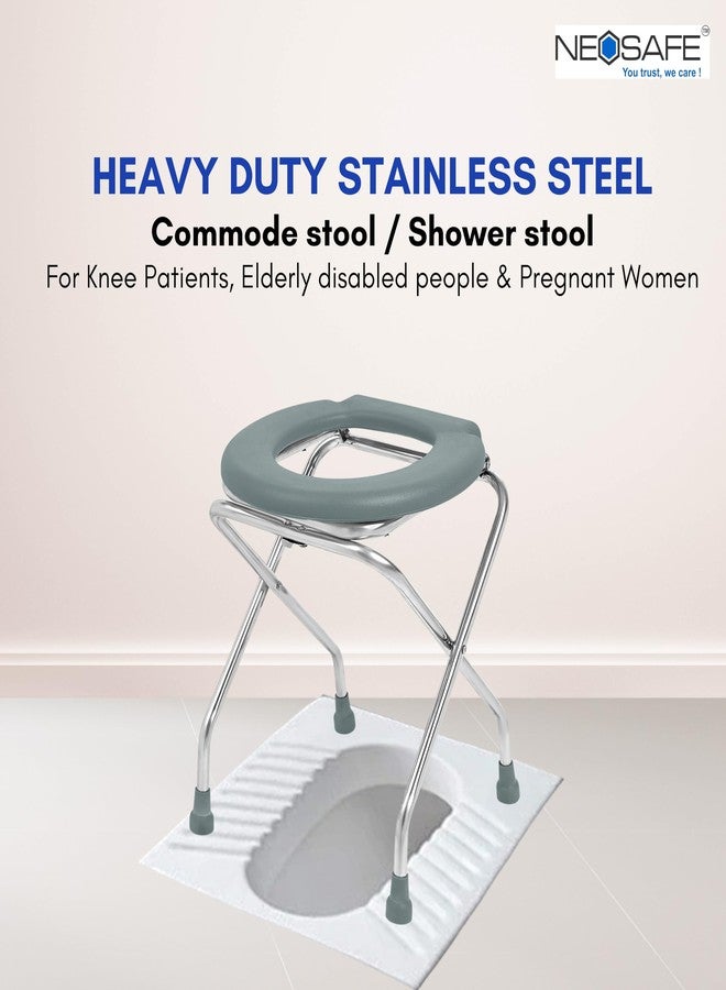 NEOSAFE Stainless Steel Premium Folding Shower Bathing Room Commode Stool Indian Toilet Seat for Elderly Disabled man and Pregant Women Support Safe Chair Anti-Slip (Grey) - Image 2