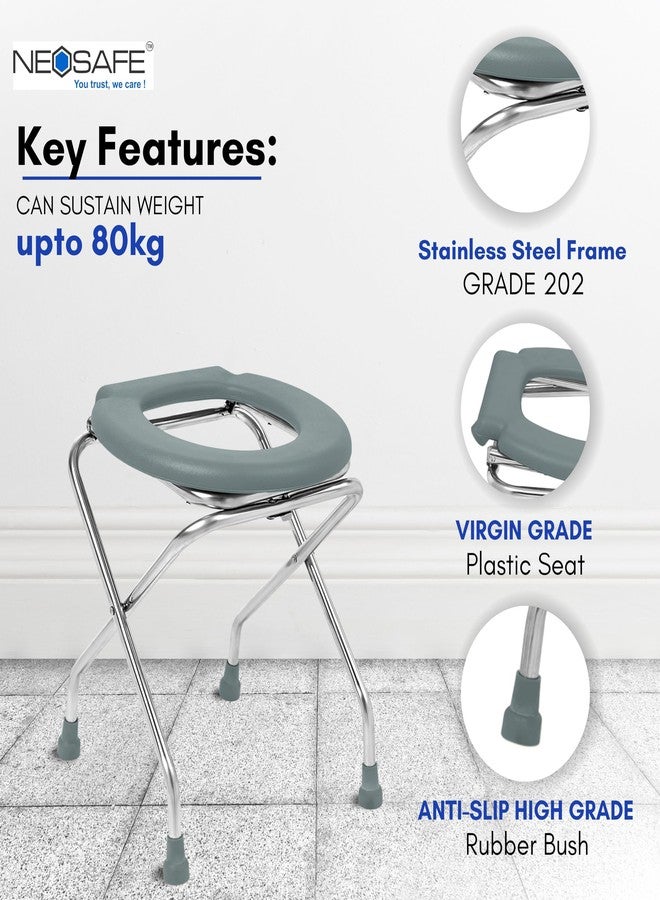 NEOSAFE Stainless Steel Premium Folding Shower Bathing Room Commode Stool Indian Toilet Seat for Elderly Disabled man and Pregant Women Support Safe Chair Anti-Slip (Grey) - Image 3