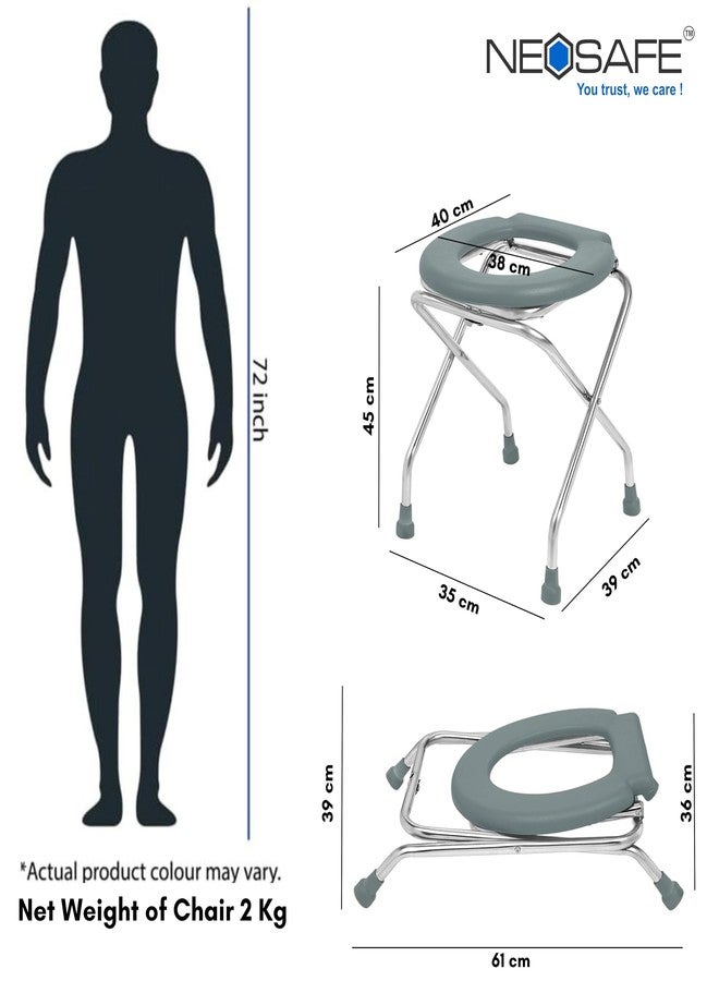 NEOSAFE Stainless Steel Premium Folding Shower Bathing Room Commode Stool Indian Toilet Seat for Elderly Disabled man and Pregant Women Support Safe Chair Anti-Slip (Grey) - Image 5