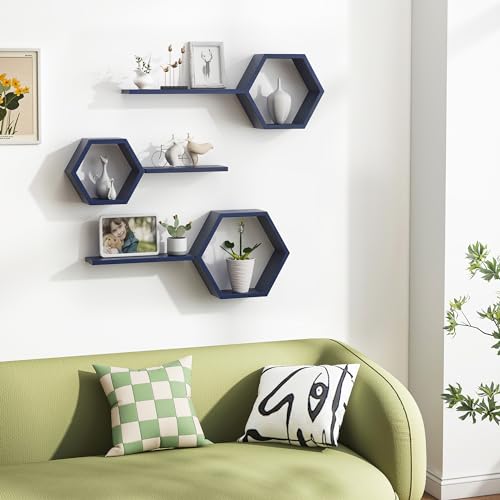 LUDORU Wooden Hexagon Floating Shelves Wall Mounted,Set of 6 Pine Hexagon Shelves Display for Photos,Plants,Rustic Honeycomb Shelves for Living Room,Bedroom,Bathroom, Kitchen, Office Decor, Navy Blue - Image 2
