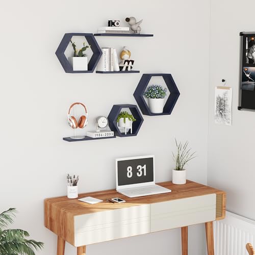 LUDORU Wooden Hexagon Floating Shelves Wall Mounted,Set of 6 Pine Hexagon Shelves Display for Photos,Plants,Rustic Honeycomb Shelves for Living Room,Bedroom,Bathroom, Kitchen, Office Decor, Navy Blue - Image 5