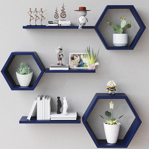 LUDORU Wooden Hexagon Floating Shelves Wall Mounted,Set of 6 Pine Hexagon Shelves Display for Photos,Plants,Rustic Honeycomb Shelves for Living Room,Bedroom,Bathroom, Kitchen, Office Decor, Navy Blue - Image 1