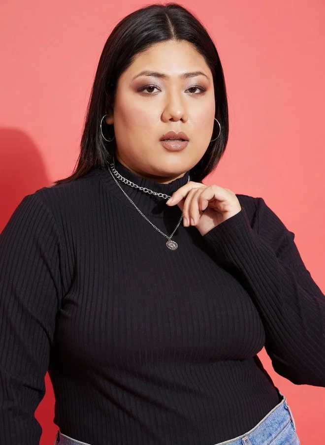 ساسافراس Black Ribbed High Neck Fitted Top for Women