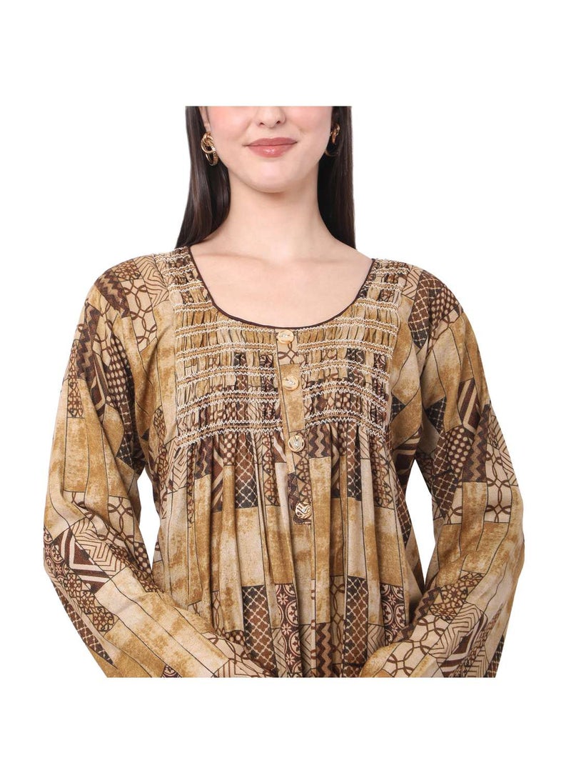 HANA & SARA - LONG PRINTED FRONT BUTTON STYLED LONG SLEEVE CASUAL ARABIC KAFTAN JALABIYA DRESSES - Image 1