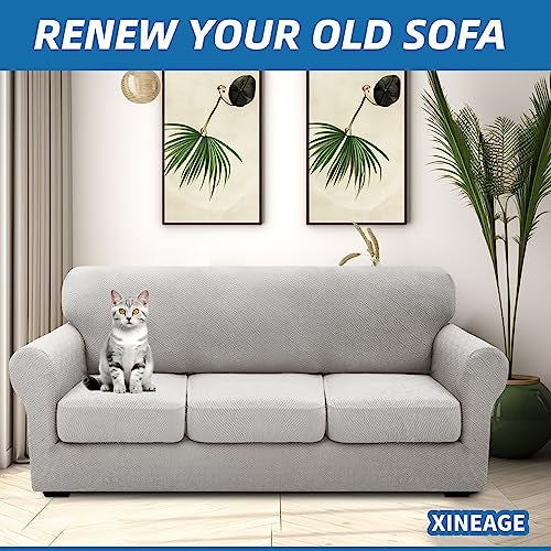 XINEAGE 2025 New 4 Pieces Couch Covers for 3 Cushion Couch Super Stretch Thick Soft Sofa Cover Anti Slip Sofa Slipcover Dogs Cats Furniture Protector (Silver Grey, 71"-91") - Image 3
