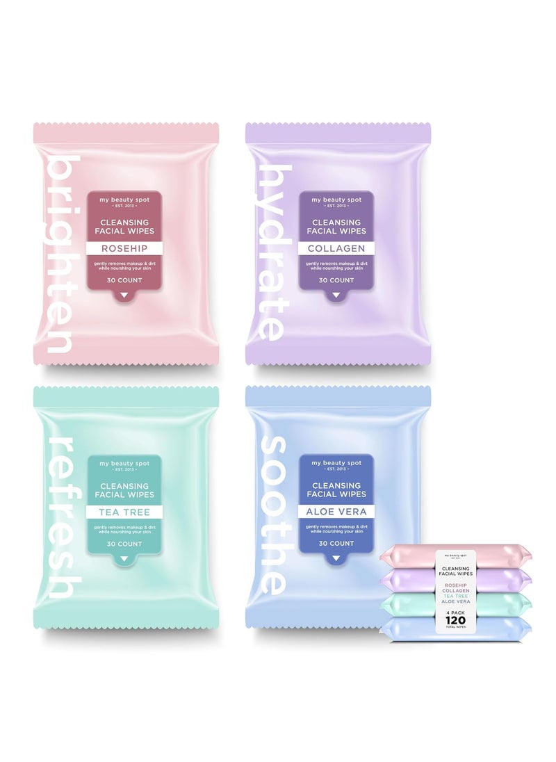 My Beauty Spot - My Beauty Spot 4 Pack Face Wipes for Women Cleansing Makeup Remover Wipes with Tea Tree Collagen Aloe Vera Rosehip  120 Pcs Face Cleansing Wipes - Image 1