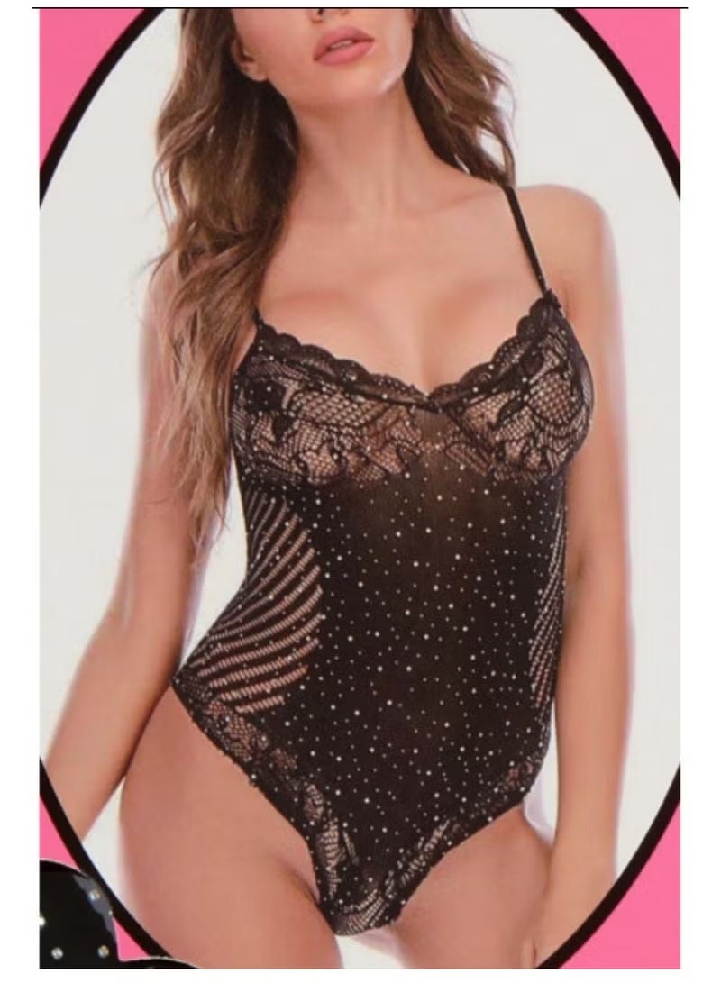 دوبو بدلة جسم شبكية مرصعة بأحجار الراين مع حمالات ودانتيل مقاس MEDIUM Size M Dupu Bodystocking Glamour Trend - Image 1