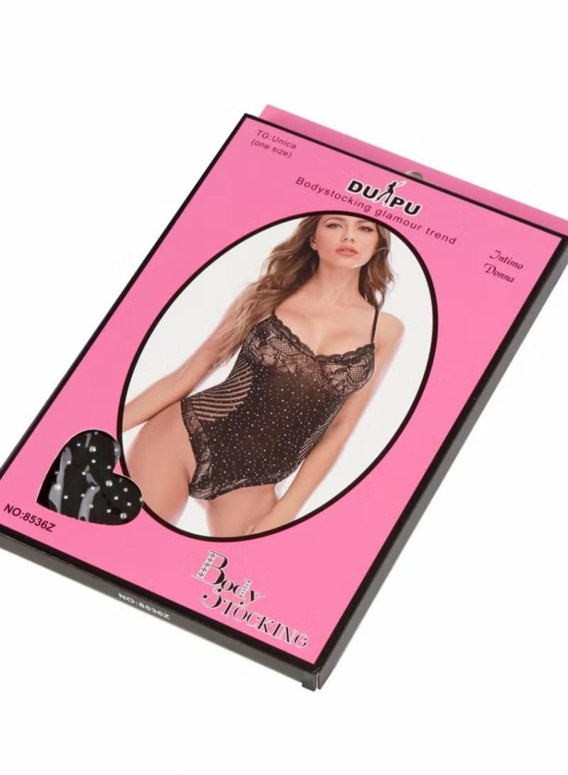 دوبو بدلة جسم شبكية مرصعة بأحجار الراين مع حمالات ودانتيل مقاس MEDIUM Size M Dupu Bodystocking Glamour Trend - Image 3