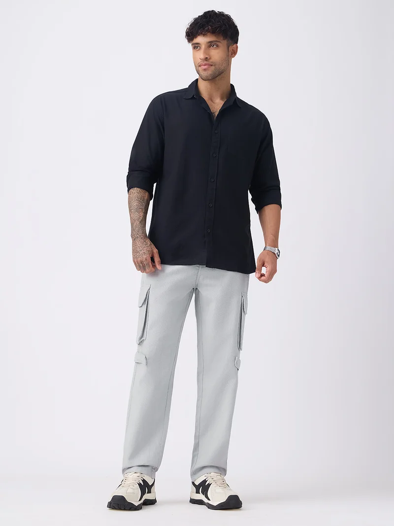 The Souled Store: Smokey Grey Men and Boys Zippered Waist Light Grey Solid Cotton Blend Straight Fit Stretchable Utility Cargo Pants