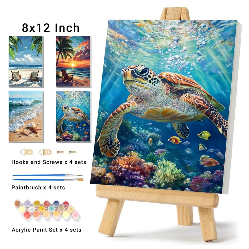 Banket 4 Pack Framed Paint By Numbers Kit for Adults Beginner Beach Adult Paint By Number Kits on Canvas Sea Turtle Painting By Numbers for Adults with Frame Diy Painting Kits for Home Wall Art 8x12 Inch - Image 2