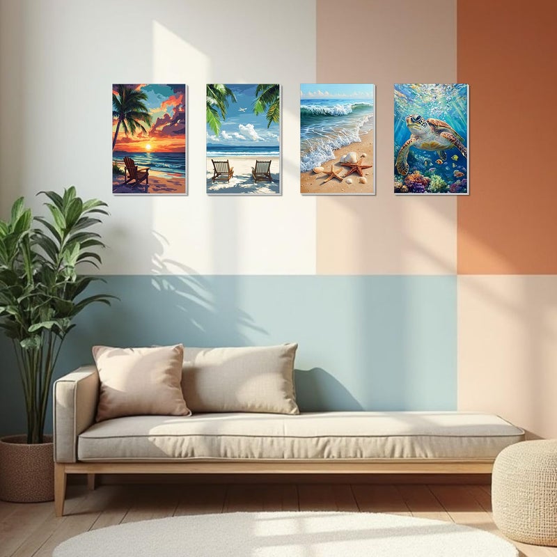 Banket 4 Pack Framed Paint By Numbers Kit for Adults Beginner Beach Adult Paint By Number Kits on Canvas Sea Turtle Painting By Numbers for Adults with Frame Diy Painting Kits for Home Wall Art 8x12 Inch - Image 4