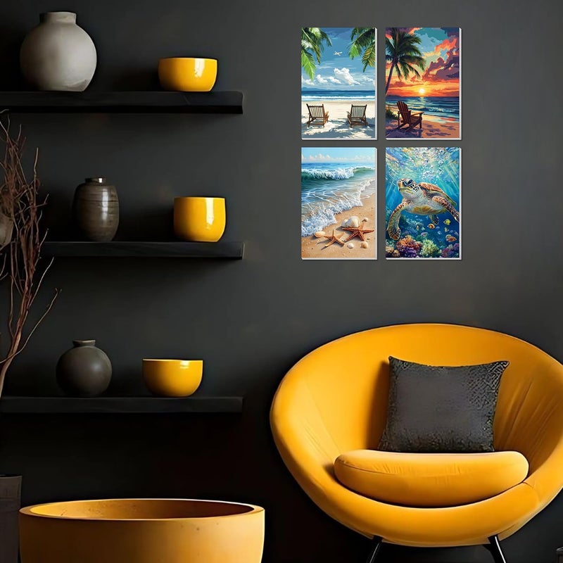 Banket 4 Pack Framed Paint By Numbers Kit for Adults Beginner Beach Adult Paint By Number Kits on Canvas Sea Turtle Painting By Numbers for Adults with Frame Diy Painting Kits for Home Wall Art 8x12 Inch - Image 3