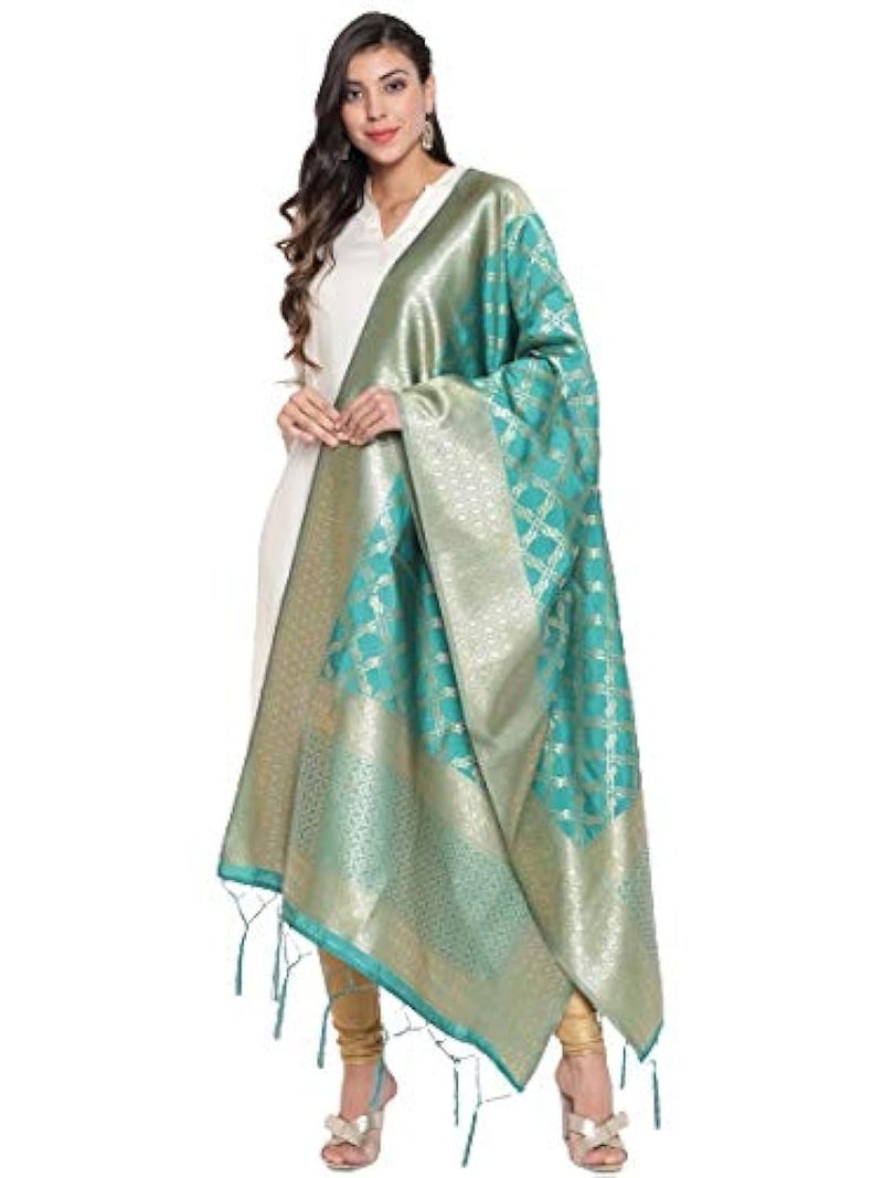 Lilots Women's Banarasi Silk Jacquard Woven Dupatta Gorgeous Printed Chunni (Rama), Free Size - Image 4