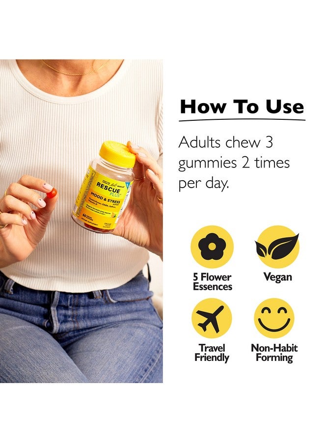 RESCUE Bach Plus Mood & Stress Support Gummies, Daytime Dietary Supplement with Passionflower, GABA, Saffron & Vitamin D, Natural Orange Flavor, Vegan & Gluten-Free, 60 Count - Image 4