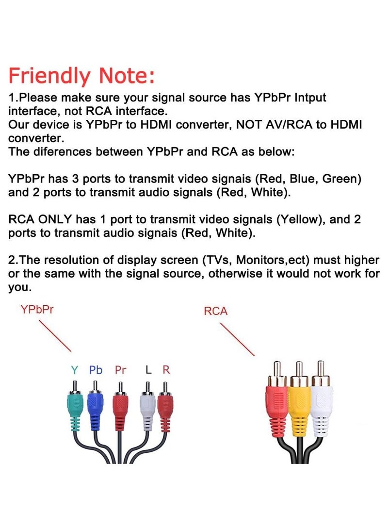 Component to HDMI Converter, YPbPr to HDMI Adapter, 5RCA Component RGB YPbPr to HDMI Converter Adapter 1080P Supports DVD, Xbox 360, PSP to HDTV Monitor and Projector